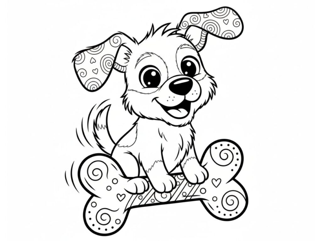 dessin de chien rigolo avec un os à colorier pour enfants