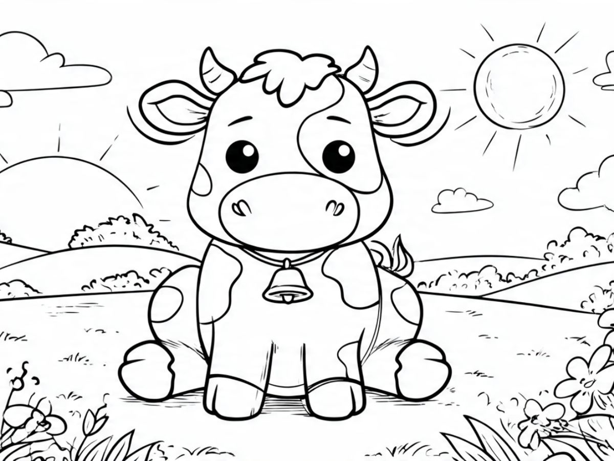 Coloriage Vache Mignonne dans un Pré à Imprimer Gratuitement
