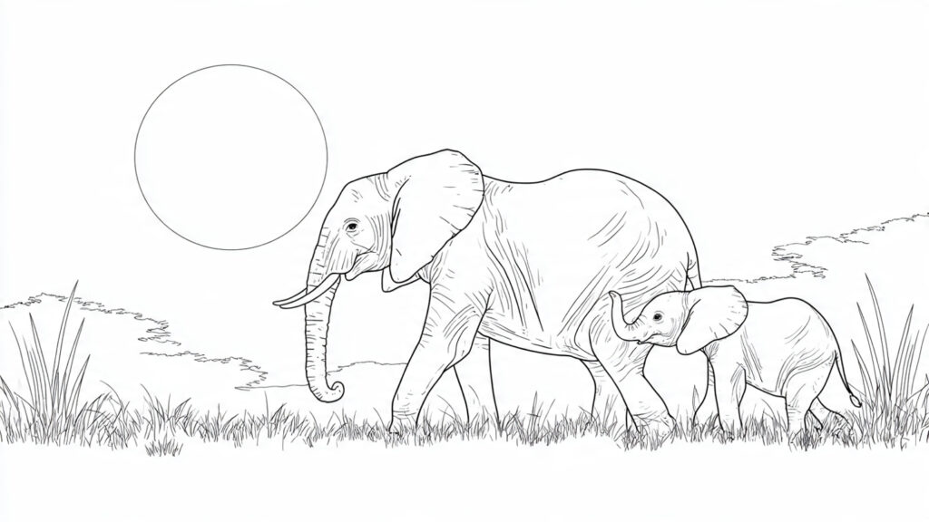 dessin d'éléphant mignon et son bébé éléphanteau à colorier