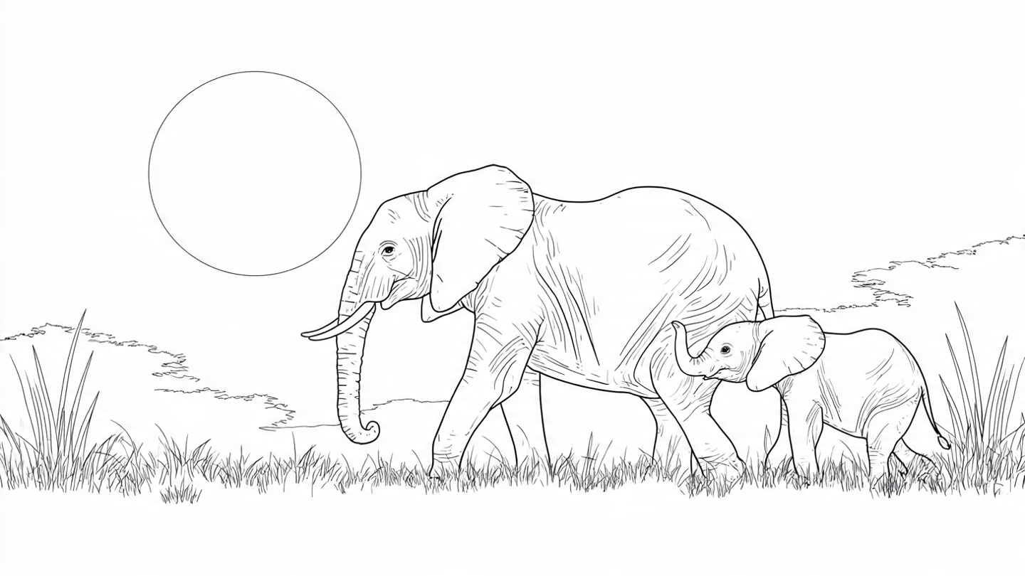 Coloriage Éléphant Mignon avec son Bébé Éléphanteau à Imprimer