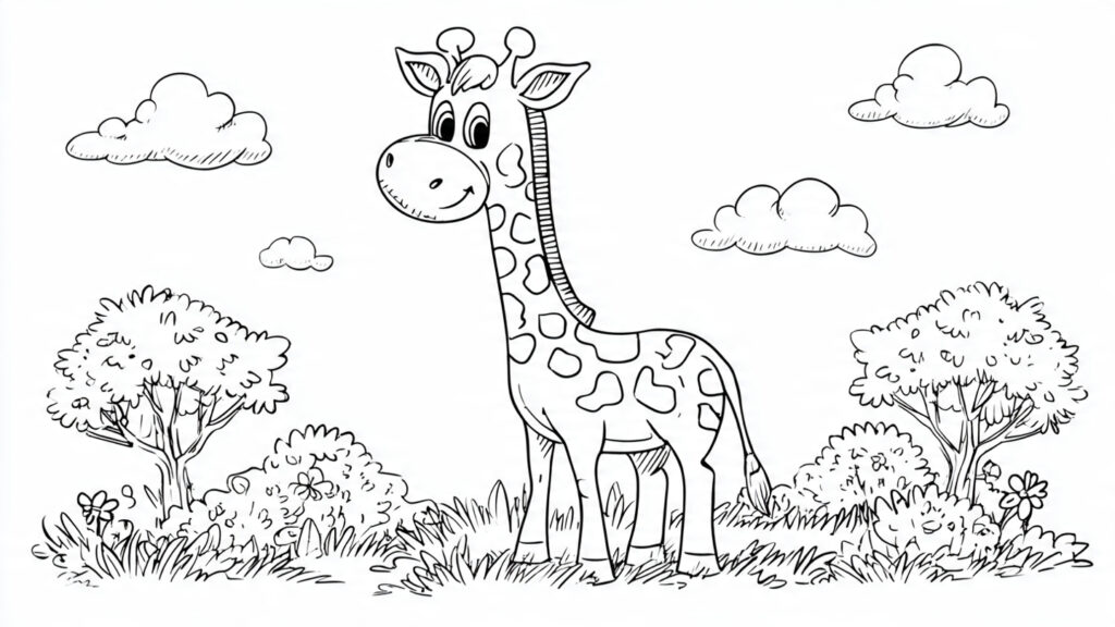 dessin de girafe rigolote avec un long cou à colorier pour enfants