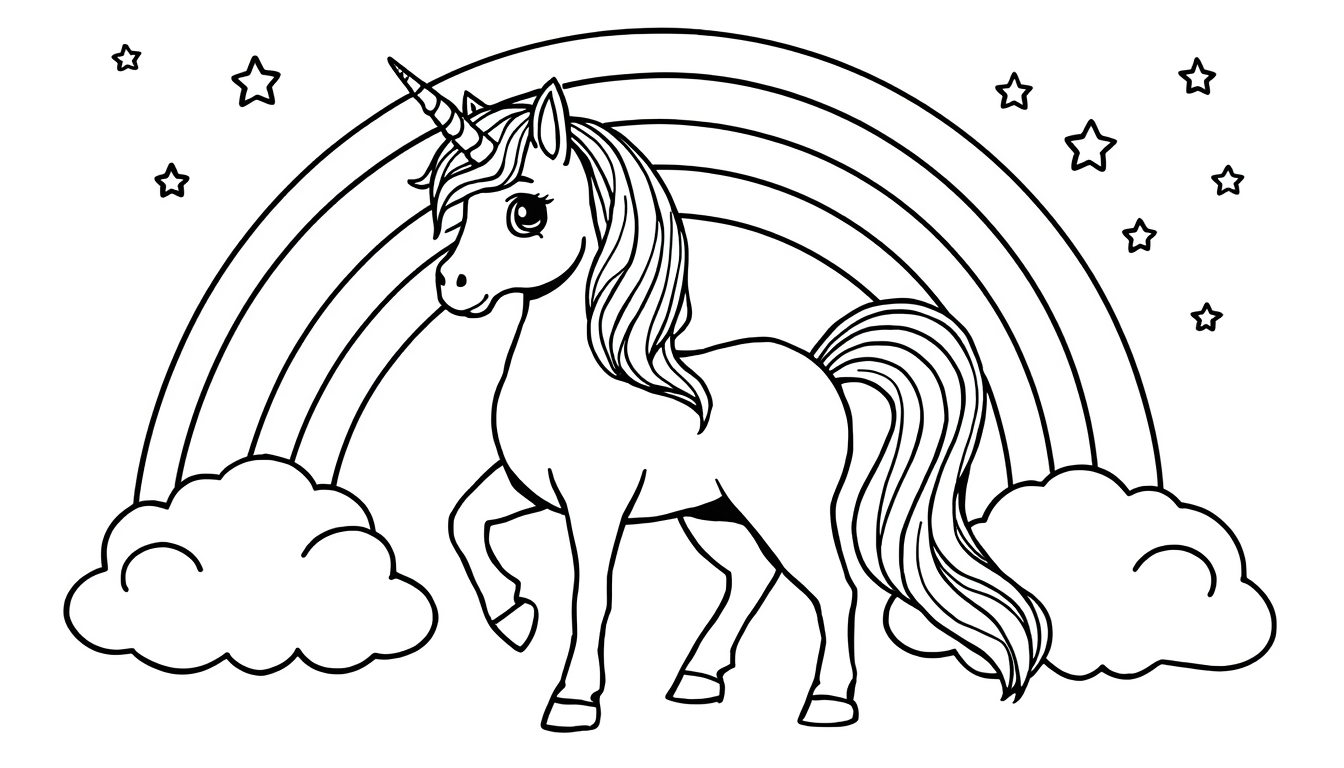 Coloriage Licorne Magique avec Arc-en-Ciel à Imprimer Gratuit