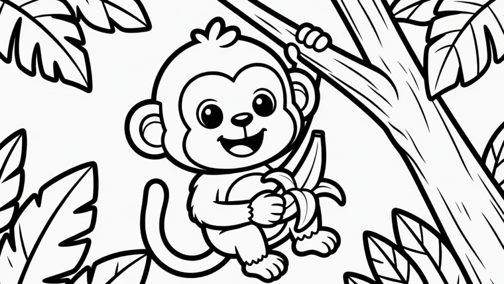 dessin de singe malicieux balançant sur une branche à colorier