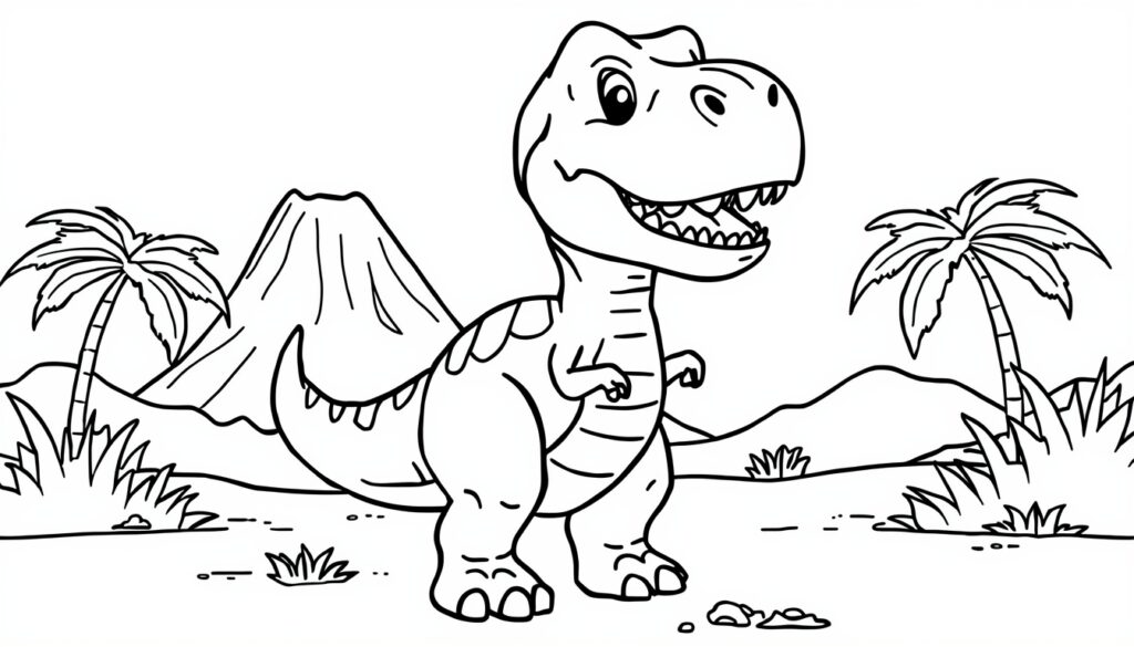 dessin de dinosaure T-Rex rigolo et amical à colorier pour enfants