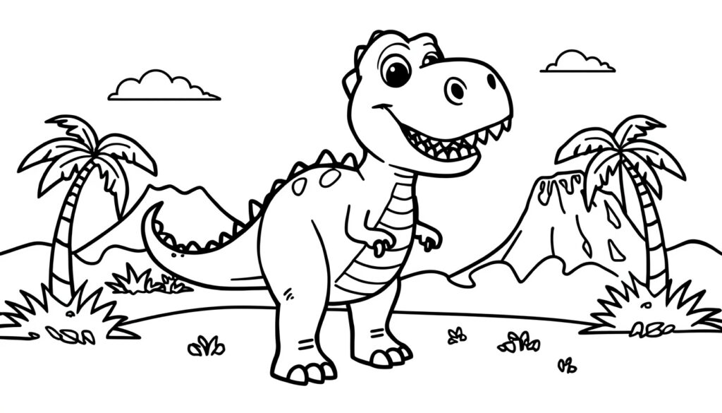 dessin de dinosaure T-Rex rigolo et amical à colorier pour enfants