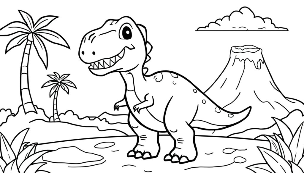 dessin de dinosaure T-Rex rigolo et amical à colorier pour enfants