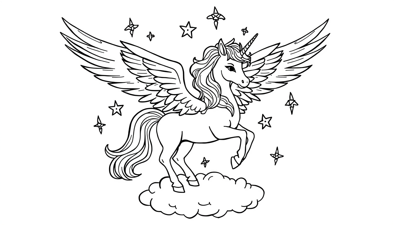 Coloriage Licorne avec des Ailes : La Licorne Volante à Imprimer