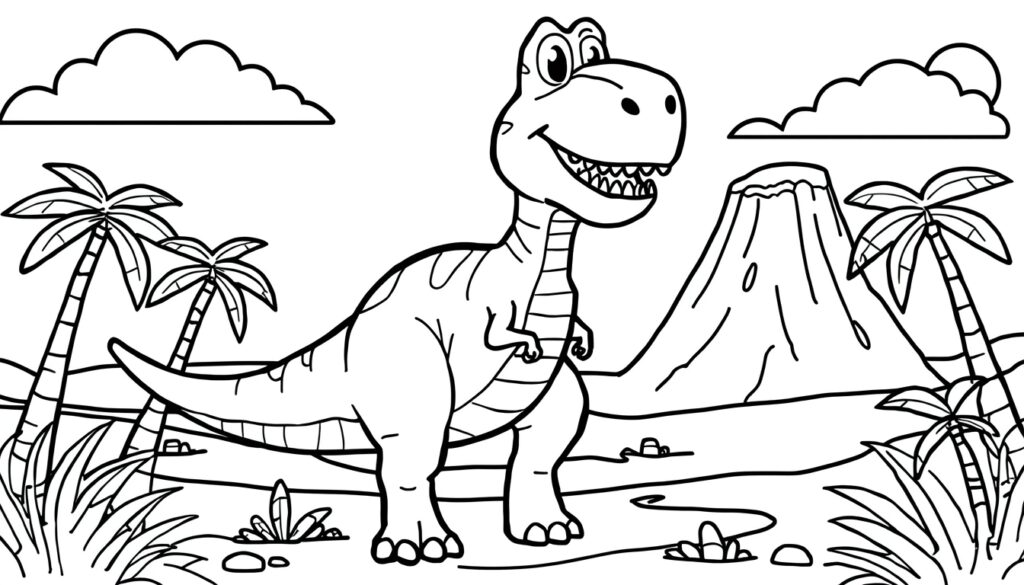 dessin de dinosaure T-Rex rigolo et amical à colorier pour enfants